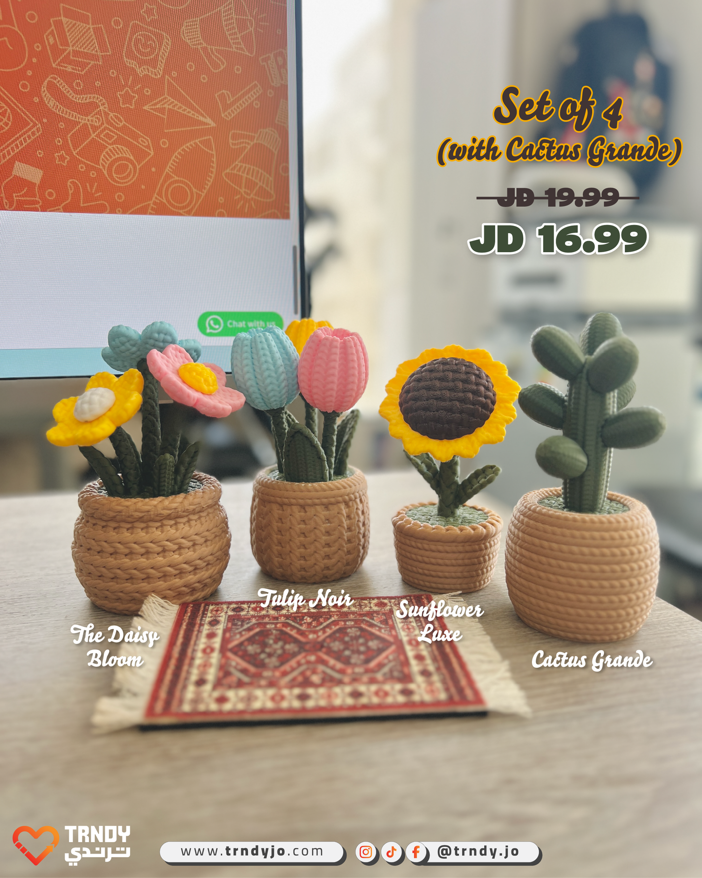 PlantMe Flora - Knitted Flowers Mini Desk Pots