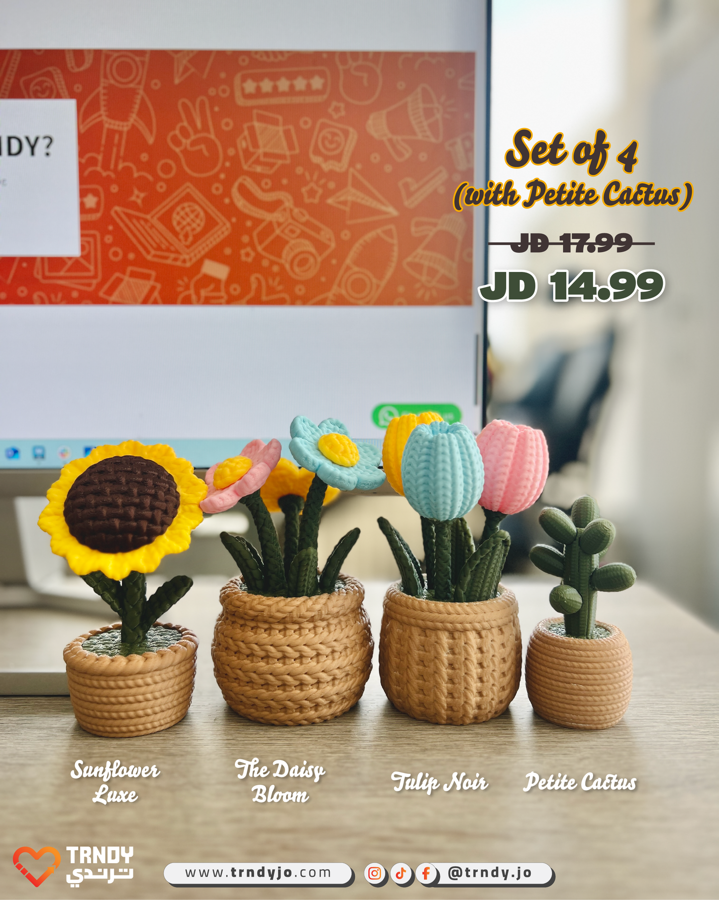PlantMe Flora - Knitted Flowers Mini Desk Pots